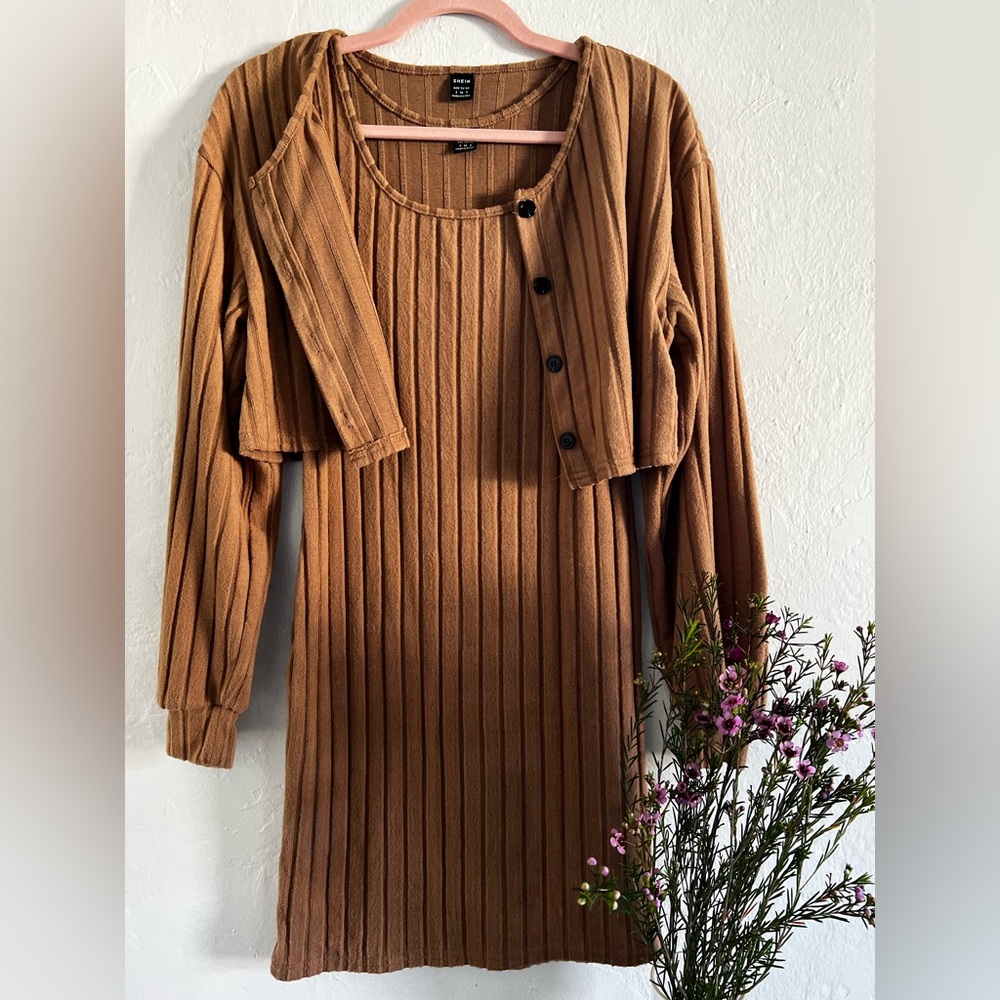 SHEIN Ribbed Long Sleeve Knit Dress with Cropped Cardigan - Camel